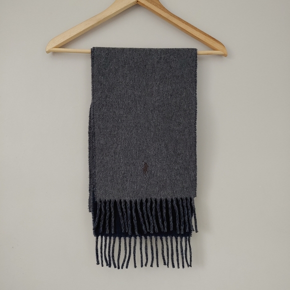 Polo Ralph Lauren Men's Classic Reversible Wool Scarf Navy Blue Grey - Picture 9 of 16